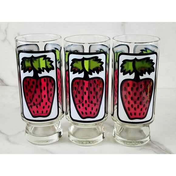 Libbey Strawberry Pedestal Tumbler Glass 16oz Retro 80's 6 1/2" x3 Vintage - Picture 6 of 13